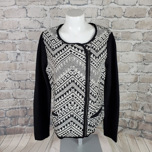 Lucky Brand Black White Knit Zip Front Cardigan XL Chevron Pattern - Picture 1 of 14